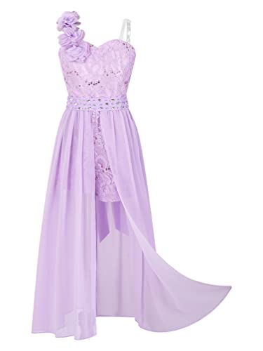 TiaoBug Mädchen Festliches Kleid EIN-Schulter Chiffon Blumenmädchenkleid Sommer Partykleid Ausgestellt Rock Hochzeit Festzug Outfits Gr.98-164 E Lila 134-140 von TiaoBug