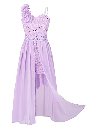 TiaoBug Mädchen Festliches Kleid EIN-Schulter Chiffon Blumenmädchenkleid Sommer Partykleid Ausgestellt Rock Hochzeit Festzug Outfits Gr.98-164 E Lila 146-152 von TiaoBug