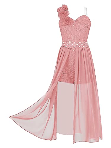 TiaoBug Mädchen Festliches Kleid EIN-Schulter Chiffon Blumenmädchenkleid Sommer Partykleid Ausgestellt Rock Hochzeit Festzug Outfits Gr.98-164 E Orange Pink 122-128 von TiaoBug