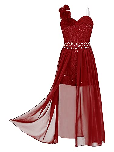 TiaoBug Mädchen Festliches Kleid EIN-Schulter Chiffon Blumenmädchenkleid Sommer Partykleid Ausgestellt Rock Hochzeit Festzug Outfits Gr.98-164 E Weinrot 122-128 von TiaoBug