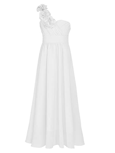 TiaoBug Mädchen Festliches Kleid EIN-Schulter Chiffon Blumenmädchenkleid Sommer Partykleid Ausgestellt Rock Hochzeit Festzug Outfits Gr.98-164 Weiß Einschulter 122-128 von TiaoBug