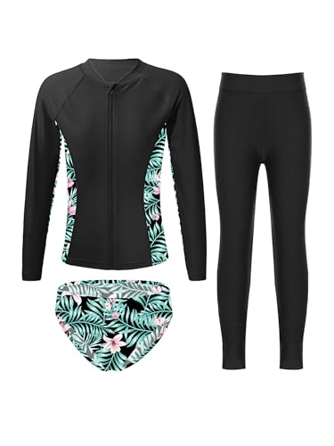 TiaoBug Mädchen Ganzkörper Badeanzug UV Schutz Kleidung Set Rash Guard T-Shirt Badeshirt mit Badehose Lang/kurz Sommer Sport Schwimmanzug Surfen Outfits Lilie 170 von TiaoBug