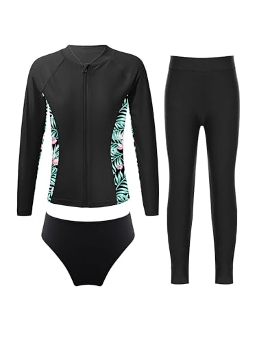 TiaoBug Mädchen Ganzkörper Badeanzug UV Schutz Kleidung Set Rash Guard T-Shirt Badeshirt mit Badehose Lang/kurz Sommer Sport Schwimmanzug Surfen Outfits Schwarz 158-164 von TiaoBug