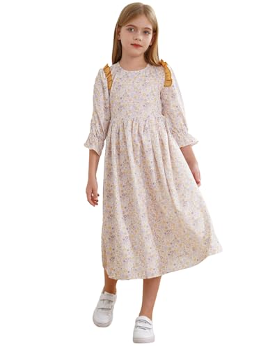 TiaoBug Mädchen Geblümte Kleider Langarm Tunika Partykleid Vintage Retro Festkleider A-Linie Kurz Knielang Einschulungskleid Frühling Herbst Outfits Beige 134-140 von TiaoBug