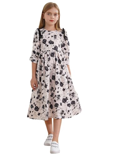TiaoBug Mädchen Geblümte Kleider Langarm Tunika Partykleid Vintage Retro Festkleider A-Linie Kurz Knielang Einschulungskleid Frühling Herbst Outfits Schwarz 146-152 von TiaoBug
