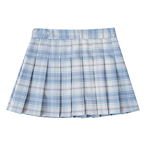 TiaoBug Mädchen Gefalteter Karierter Rock mit versteckter Unterhose Minirock Basic solid Faltenrock für Schule Freizeit Outfits 4-12 Jahre Himmelblau B 146-152 von TiaoBug