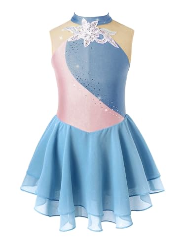 TiaoBug Mädchen Glitzer Eiskunstlauf Kleid Kostüme Ärmellos Ballettkleid Tanzkleid Mesh Spleiß Leotard mit Chiffon Röckchen Ballettkleidung gr.110-176 Grau Blau E 158-164 von TiaoBug