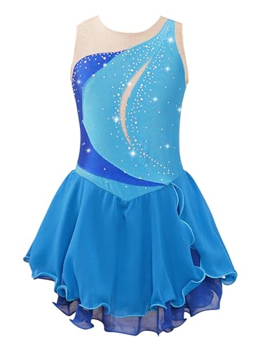 TiaoBug Mädchen Glitzer Eiskunstlauf Kleid Kostüme Ärmellos Ballettkleid Tanzkleid Mesh Spleiß Leotard mit Chiffon Röckchen Ballettkleidung gr.110-176 Hellblau K 134-140 von TiaoBug