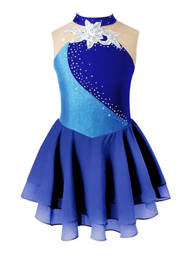 TiaoBug Mädchen Glitzer Eiskunstlauf Kleid Kostüme Ärmellos Ballettkleid Tanzkleid Mesh Spleiß Leotard mit Chiffon Röckchen Ballettkleidung gr.110-176 Navy Blau E 170-176 von TiaoBug