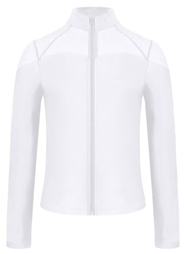 TiaoBug Mädchen Glitzer Sweatjacke mit Reisverschluss Mesh Patchwork Stehkragen Freizeitjacke Trainingsjacke Gymnastik Turn Eiskunstlauf Jacket Outerwear Weiß 170 von TiaoBug
