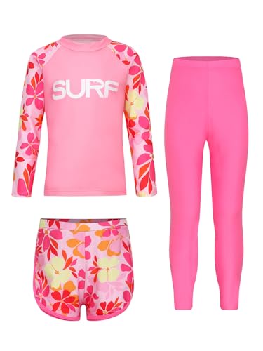 TiaoBug Mädchen Jungen Bade Set Ganzkörper Badeanzug aus Rashguard Langarmshirt + Badehose + Lange Hose zum Schwimmen UV Schutz Schnelltrockende Strandmode Rosa 122-128 von TiaoBug