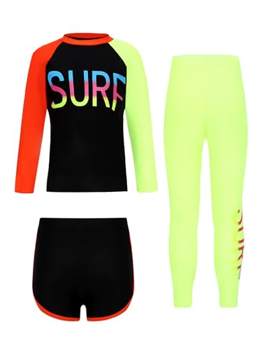 TiaoBug Mädchen Jungen Bade Set Ganzkörper Badeanzug aus Rashguard Langarmshirt + Badehose + Lange Hose zum Schwimmen UV Schutz Schnelltrockende Strandmode Schwarz 146-152 von TiaoBug