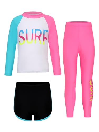 TiaoBug Mädchen Jungen Bade Set Ganzkörper Badeanzug aus Rashguard Langarmshirt + Badehose + Lange Hose zum Schwimmen UV Schutz Schnelltrockende Strandmode Weiß Rosa 134-140 von TiaoBug