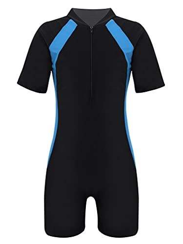 TiaoBug Mädchen Jungen Sport Badeanzug Schwimmanzug mit Reisverschluss Einteiler aus Kurzarm Bade Hemd Shirt und Kurze Hose Himmelblau C 146-152 von TiaoBug