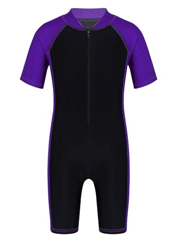 TiaoBug Mädchen Jungen Sport Badeanzug Schwimmanzug mit Reisverschluss Einteiler aus Kurzarm Bade Hemd Shirt und Kurze Hose Lila&Schwarz 134-140 von TiaoBug