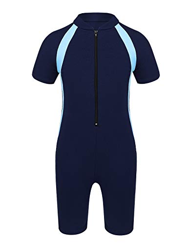 TiaoBug Mädchen Jungen Sport Badeanzug Schwimmanzug mit Reisverschluss Einteiler aus Kurzarm Bade Hemd Shirt und Kurze Hose Maritim 140-152 von TiaoBug