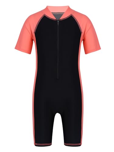 TiaoBug Mädchen Jungen Sport Badeanzug Schwimmanzug mit Reisverschluss Einteiler aus Kurzarm Bade Hemd Shirt und Kurze Hose Melone Rot&Schwarz 152-164 von TiaoBug