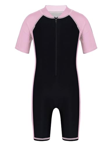 TiaoBug Mädchen Jungen Sport Badeanzug Schwimmanzug mit Reisverschluss Einteiler aus Kurzarm Bade Hemd Shirt und Kurze Hose Pink&Schwarz 158-164 von TiaoBug