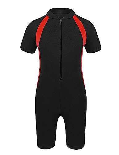 TiaoBug Mädchen Jungen Sport Badeanzug Schwimmanzug mit Reisverschluss Einteiler aus Kurzarm Bade Hemd Shirt und Kurze Hose Schwarz 170-176 von TiaoBug