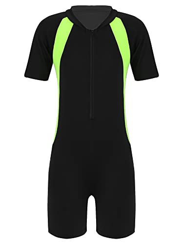 TiaoBug Mädchen Jungen Sport Badeanzug Schwimmanzug mit Reisverschluss Einteiler aus Kurzarm Bade Hemd Shirt und Kurze Hose Schwarz Gelb 158-164 von TiaoBug