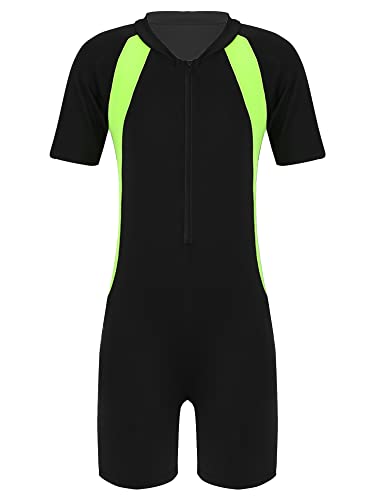 TiaoBug Mädchen Jungen Sport Badeanzug Schwimmanzug mit Reisverschluss Einteiler aus Kurzarm Bade Hemd Shirt und Kurze Hose Schwarz Gelb 170-176 von TiaoBug