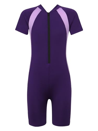 TiaoBug Mädchen Jungen Sport Badeanzug Schwimmanzug mit Reisverschluss Einteiler aus Kurzarm Bade Hemd Shirt und Kurze Hose Violett 140-152 von TiaoBug