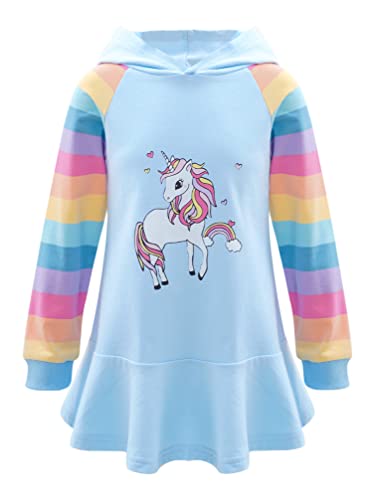 TiaoBug Mädchen Kapuzenpullover Langarm Sweatkleid mit Kapuze Einhörner Aufdruck Hoodie Cartoon Top Herbst Winter Kleid Knielang Freizeitkleider Himmelblau B 122-128 von TiaoBug