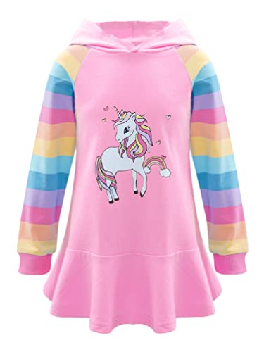 TiaoBug Mädchen Kapuzenpullover Langarm Sweatkleid mit Kapuze Einhörner Aufdruck Hoodie Cartoon Top Herbst Winter Kleid Knielang Freizeitkleider Rosa B 116-122 von TiaoBug
