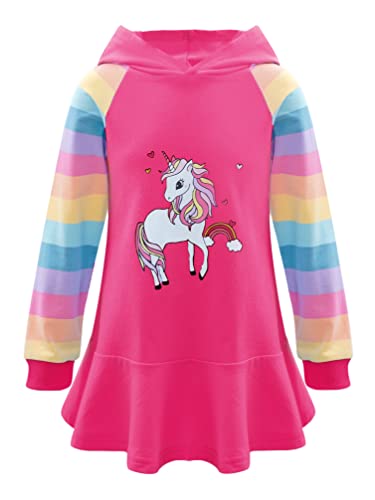 TiaoBug Mädchen Kapuzenpullover Langarm Sweatkleid mit Kapuze Einhörner Aufdruck Hoodie Cartoon Top Herbst Winter Kleid Knielang Freizeitkleider Rose Rot B 98-104 von TiaoBug