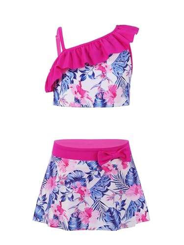 TiaoBug Mädchen Kinder Badeanzug Zweiteiler Bikini Tankini Set Einschulter Top Oberteile mit Träger Rüschen Badehose Baderock Badebekleidung Bademode Strandkleidung Rose 3er Set 134-140 von TiaoBug