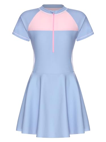 TiaoBug Mädchen Kinder Einteiler Badeanzug mit Rock Baderock Bade Kleid Schwimmanzug Schwimmrock Rüschen gestreifter Tank Top Slip Blumen Bademode Beachwear Hellblau I 146-152 von TiaoBug