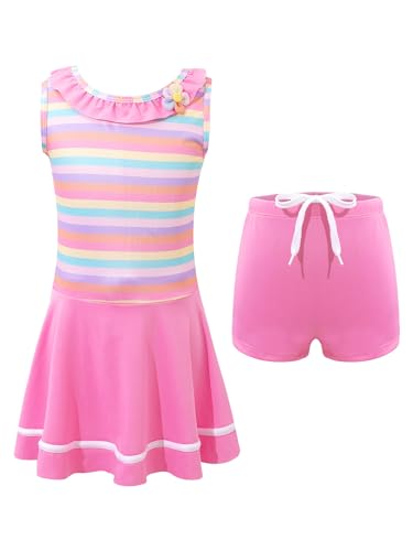 TiaoBug Mädchen Kinder Einteiler Badeanzug mit Rock Baderock Bade Kleid Schwimmanzug Schwimmrock Rüschen gestreifter Tank Top Slip Blumen Bademode Beachwear Rosa E 134-140/9-10 Jahre von TiaoBug