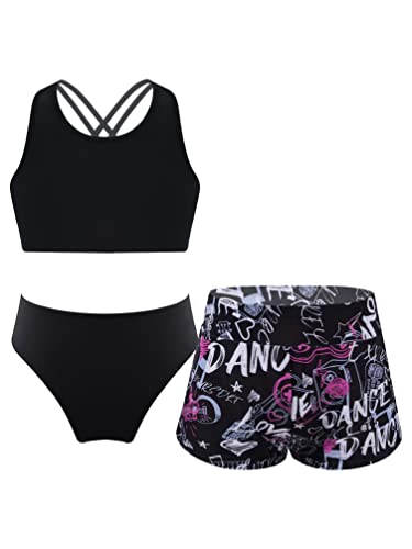 TiaoBug Mädchen Kinder Tankini Bikini Set Sport Badeanzug Zweiteiler Bademode Leopardenmuster Top und Kurze Hose Shorts Turnanzug Tanz Gymnastik Bade Bekleidung 116-164 Schwarz Buchstaben CC 140 von TiaoBug