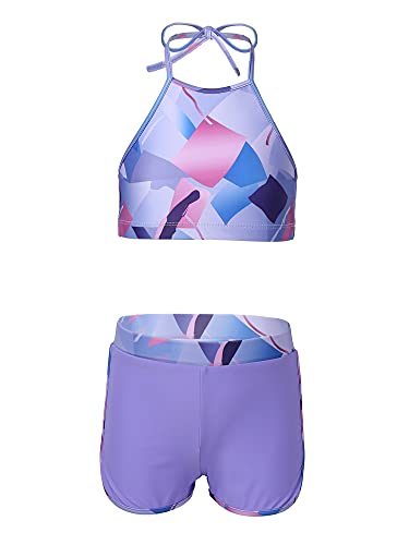 TiaoBug Mädchen Kinder Tankini Bikini Set Sport Badeanzug Zweiteiler Bademode Leopardenmuster Top und Kurze Hose Shorts Turnanzug Tanz Gymnastik Bade Bekleidung 116-164 Violett B 152 von TiaoBug