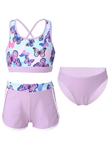 TiaoBug Mädchen Kinder Tankini Bikini Set Sport Badeanzug Zweiteiler Bademode Leopardenmuster Top und Kurze Hose Shorts Turnanzug Tanz Gymnastik Bade Bekleidung 116-164 Violett D 140 von TiaoBug