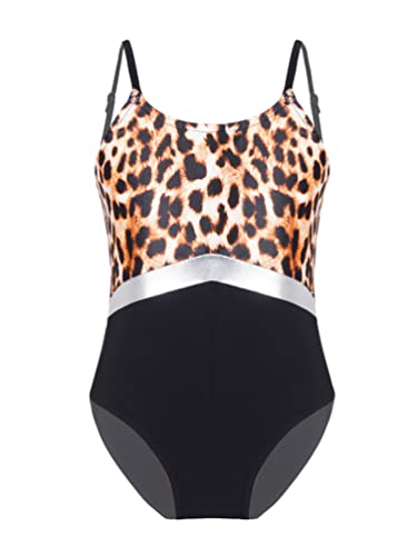 TiaoBug Mädchen Klassisch Badeanzug Leopard/Karo Muster Schwimmanzug Sport Bademode Rückenfrei UV Schutz Badebekleidung Beachwear Braun Leopard 134-140 von TiaoBug