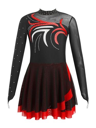 TiaoBug Mädchen Klassisch Eiskunstlauf Kleid Mesh Spleiß Tanzkleid Langarm Strass Stein Body mit Handschlaufe Slip und Röckchen Tanzbekleidung Rot H 146-152 von TiaoBug