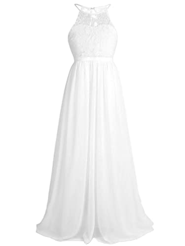 TiaoBug Mädchen Kleid Kinder festlich Spitzen langes Kleid Hochzeit Partykleid Blumenmädchenkleid 104 116 128 140 152 164 176 Weiß 140 von TiaoBug