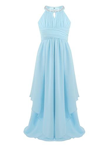 TiaoBug Mädchen Kleid Kinder festlich Spitzen langes Kleid Hochzeit Partykleid Blumenmädchenkleid 104 116 128 140 152 164 Hellblau C 128 von TiaoBug