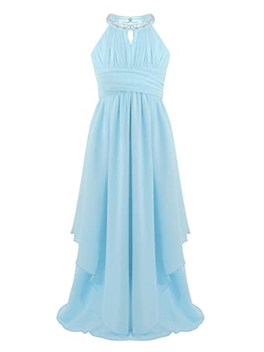 TiaoBug Mädchen Kleid Kinder festlich Spitzen langes Kleid Hochzeit Partykleid Blumenmädchenkleid 104 116 128 140 152 164 Hellblau C 152 von TiaoBug