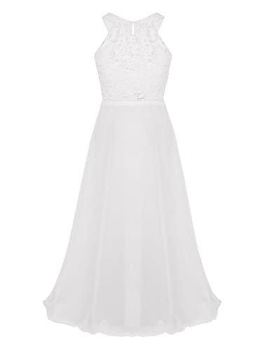 TiaoBug Mädchen Kleid Kinder festlich Spitzen langes Kleid Hochzeit Partykleid Blumenmädchenkleid 104 116 128 140 152 164 Weiß B 140 von TiaoBug