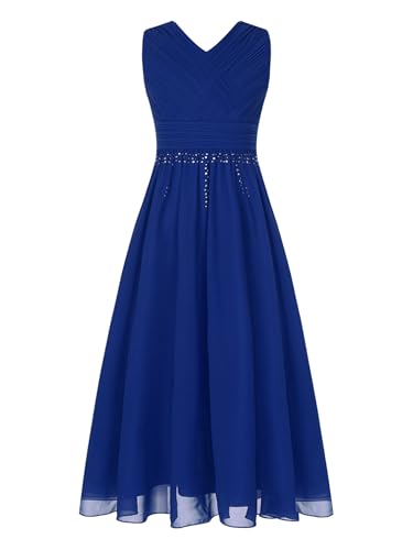 TiaoBug Mädchen Kleider Festlich Sommer langes Abendkleider Partykleid Schulterfreies Chiffon Festkleid Kommunions Hochzeit Brautjungfern Kleid gr. 104-170 Blau HH 134-140 von TiaoBug