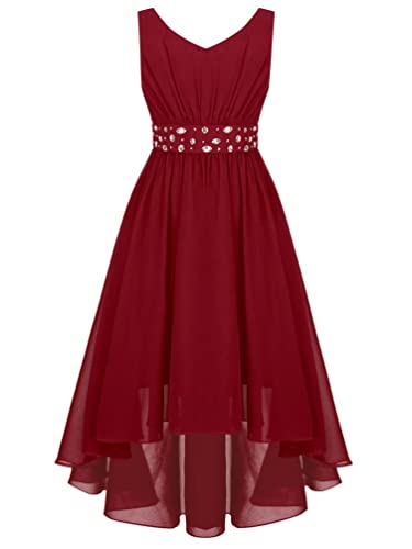 TiaoBug Mädchen Kleider Festlich Sommer langes Abendkleider Partykleid Schulterfreies Chiffon Festkleid Kommunions Hochzeit Brautjungfern Kleid gr. 104-170 Burgundy FF 146-152 von TiaoBug