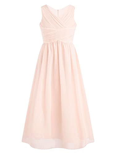 TiaoBug Mädchen Kleider Festlich Sommer langes Abendkleider Partykleid Schulterfreies Chiffon Festkleid Kommunions Hochzeit Brautjungfern Kleid gr. 104-170 Rosa C 140-146 von TiaoBug