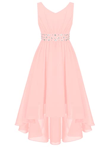 TiaoBug Mädchen Kleider Festlich Sommer langes Abendkleider Partykleid Schulterfreies Chiffon Festkleid Kommunions Hochzeit Brautjungfern Kleid gr. 104-170 Rosa FF 146-152 von TiaoBug