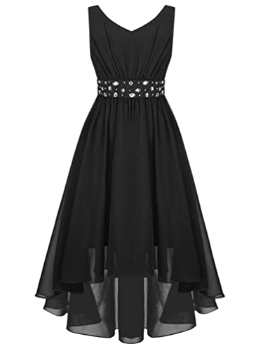 TiaoBug Mädchen Kleider Festlich Sommer langes Abendkleider Partykleid Schulterfreies Chiffon Festkleid Kommunions Hochzeit Brautjungfern Kleid gr. 104-170 Schwarz FF 158-164 von TiaoBug