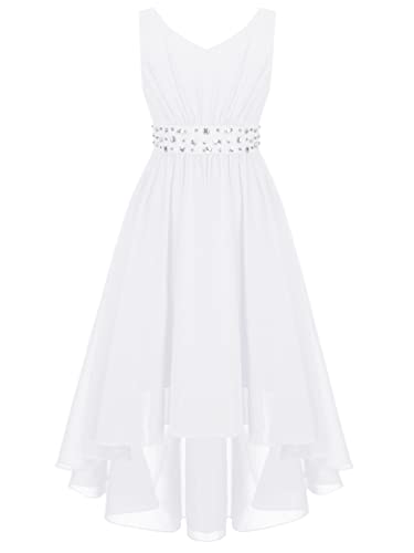 TiaoBug Mädchen Kleider Festlich Sommer langes Abendkleider Partykleid Schulterfreies Chiffon Festkleid Kommunions Hochzeit Brautjungfern Kleid gr. 104-170 Weiß FF 134-140 von TiaoBug