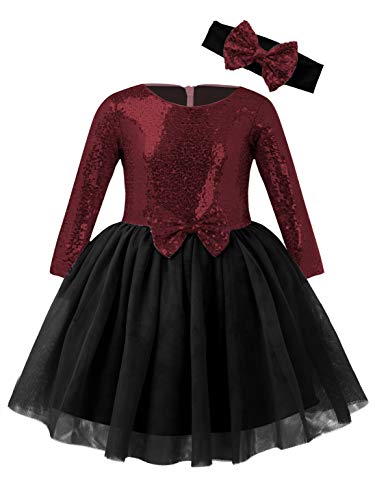 TiaoBug Mädchen Kleider Festliches Kleid Party Festkleid+Stirnband Pailletten Langarm A-Linie Kinder Taufkleid Taufe Geburtstag Hochzeit Kleidung gr. 80-152 Weinrot schwarz 92-98 von TiaoBug