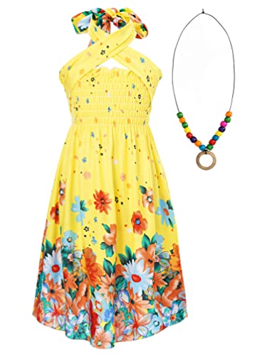 TiaoBug Mädchen Kleider Spaghettiträger Sommerkleid Hohe Taille Strandkleid mit/ohne Halskette Prinzessin Partykleid Festkleid gr.110-152 Gelb D 140-146 von TiaoBug
