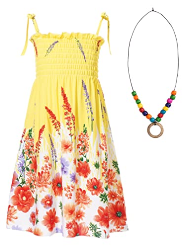 TiaoBug Mädchen Kleider Spaghettiträger Sommerkleid Hohe Taille Strandkleid mit/ohne Halskette Prinzessin Partykleid Festkleid gr.110-152 Gold Blumendruck G 140-152/10-12 Jahre von TiaoBug